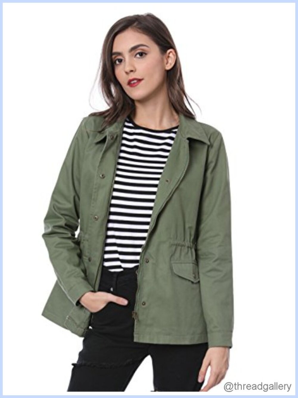 Womens Utility Jacket 100% Cotton Zip Up Drawstring Waist Casual Coat